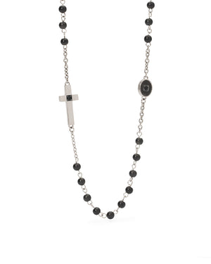 Collana rosario da uomo 2Jewels Faith in acciaio con sfere nere, elemento ovale, croce e due cristalli neri 251952