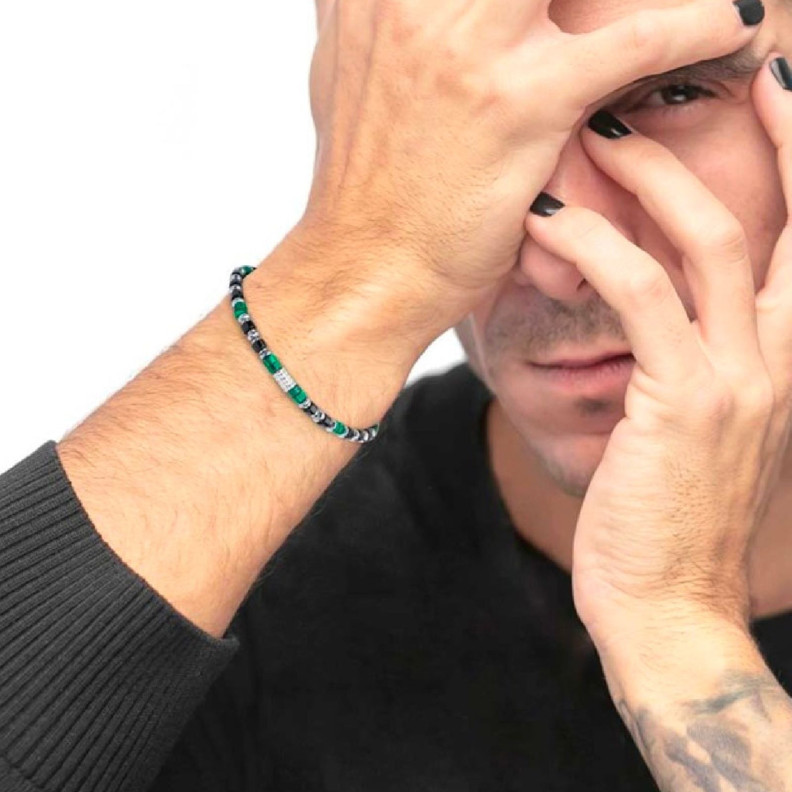 Bracciale Marlù Icons da uomo in acciaio con ematite, malachite e onice 30BR0007-2