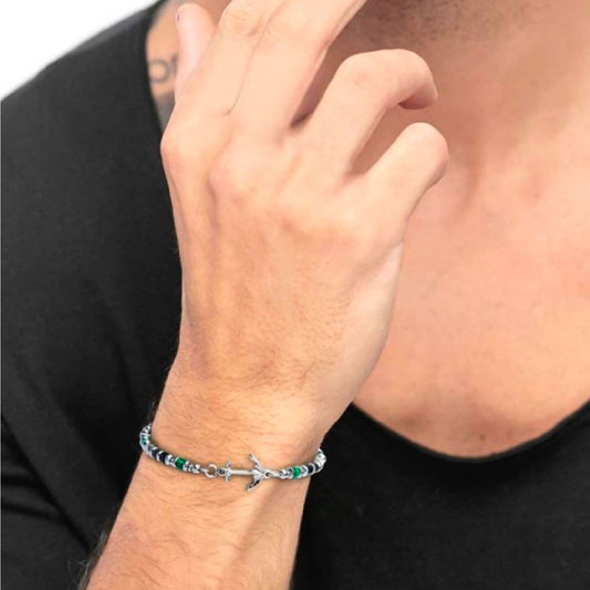 Bracciale con ancora Marlù Icons da uomo in acciaio con ematite, malachite e onice 30BR0008-2