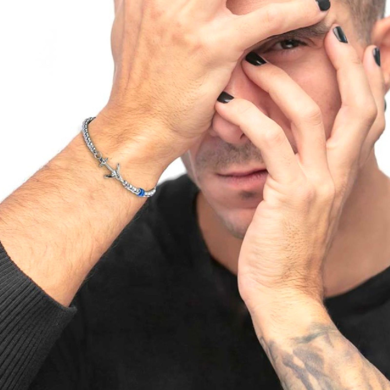Bracciale con ancora Marlù Icons da uomo in acciaio con ematite e sodalite blu 30BR0009-3