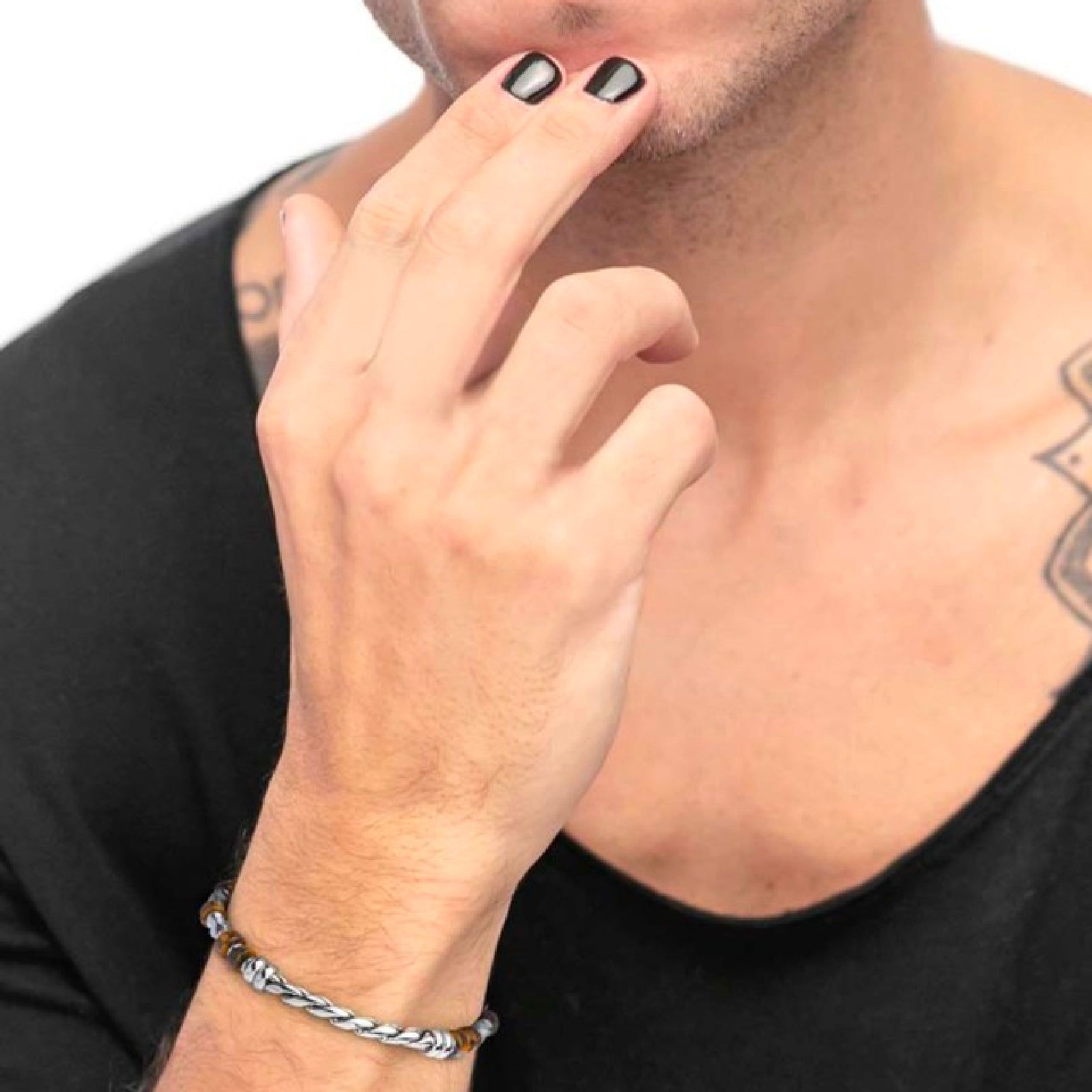 Bracciale Marlù Icons da uomo in acciaio con ematite e occhio di tigre grande 30BR0010-M-2