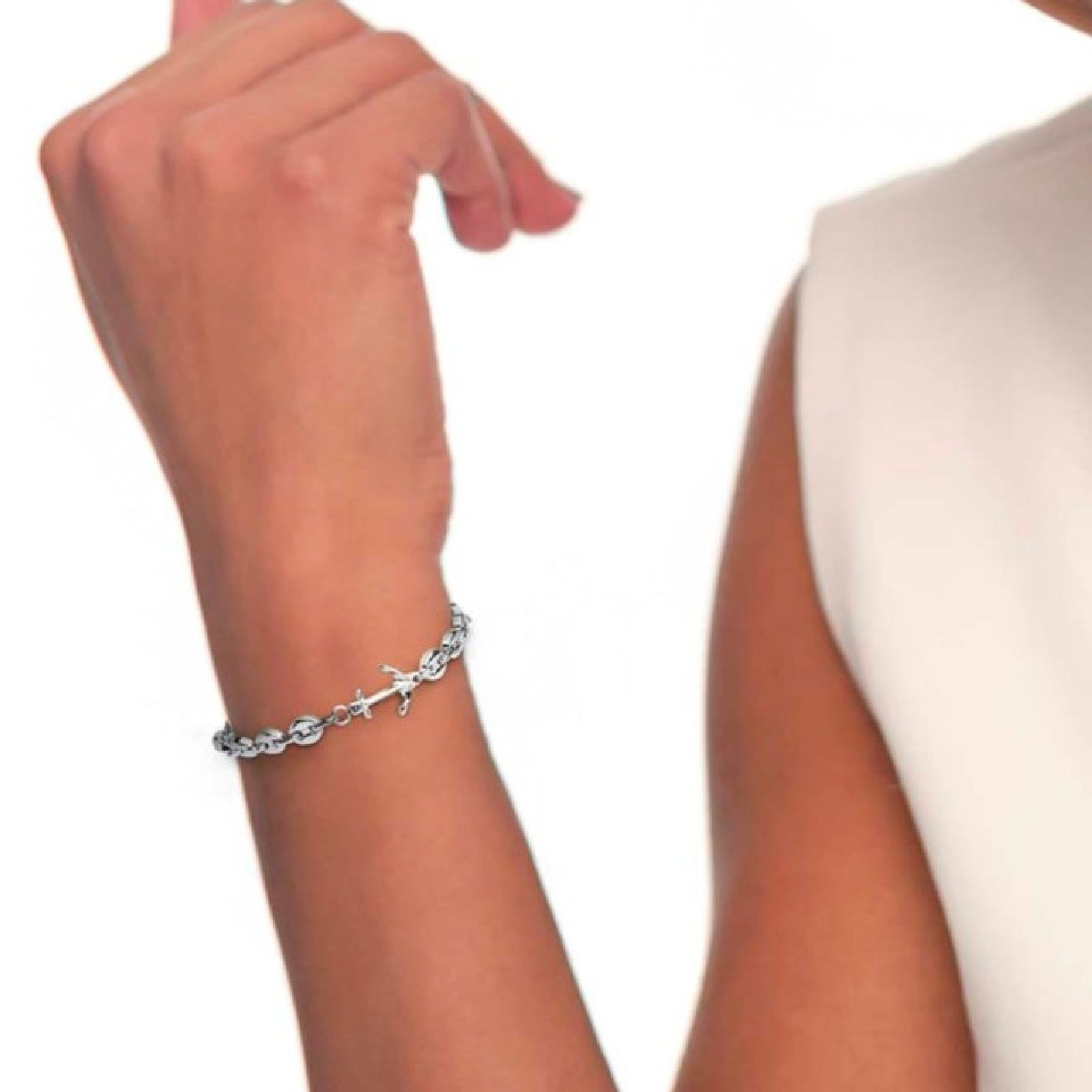 Bracciale maglia marina Marlù Icons uomo in acciaio con ancora e cristallo nero 30BR0012-N-3