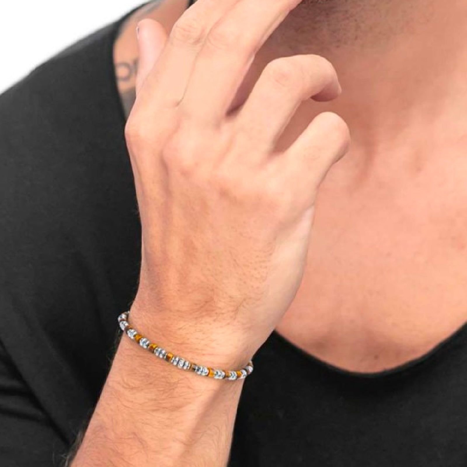 Bracciale Marlù Icons da uomo in acciaio con ematite e occhio di tigre piccole 30BR0015-M-2