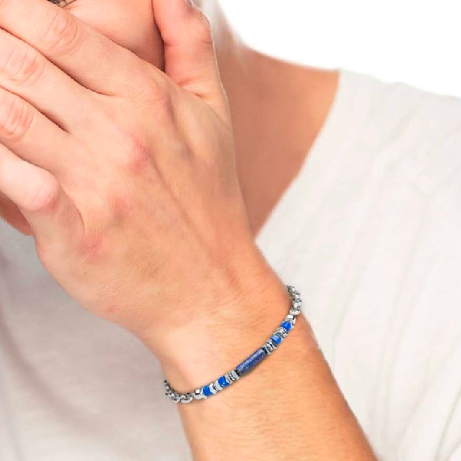 Bracciale maglia marina Marlù Icons uomo in acciaio, ematite e lapis blu centrali 30BR0016-B-3