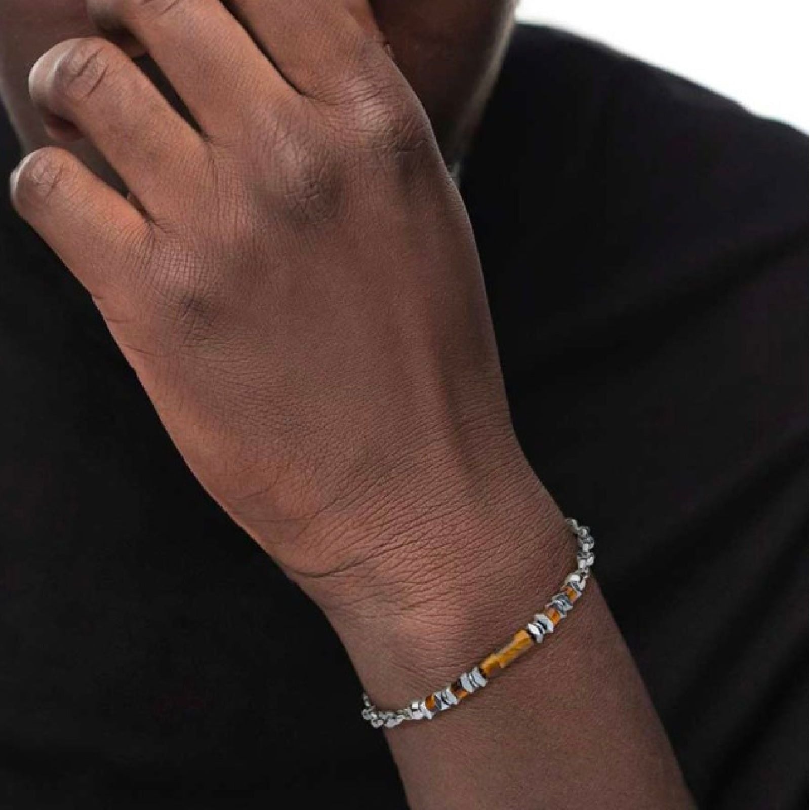 Bracciale maglia marina acciaio Marlù Icons uomo, ematite e occhio di tigre centrali 30BR0016-M-2
