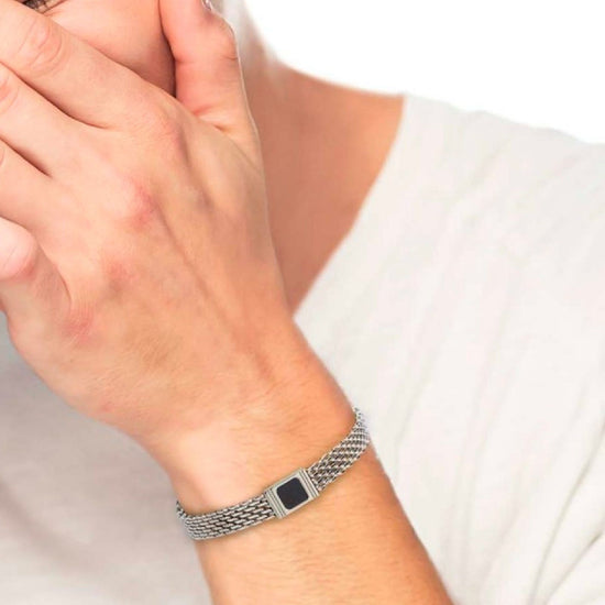 Bracciale maglia mesh in acciaio Marlù Icons da uomo con onice quadrata 30BR0018-N-2