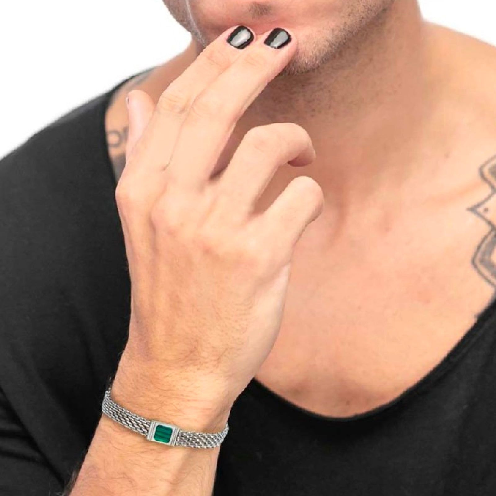 Bracciale maglia mesh in acciaio Marlù Icons da uomo con malachite quadrata 30BR0018-V-2
