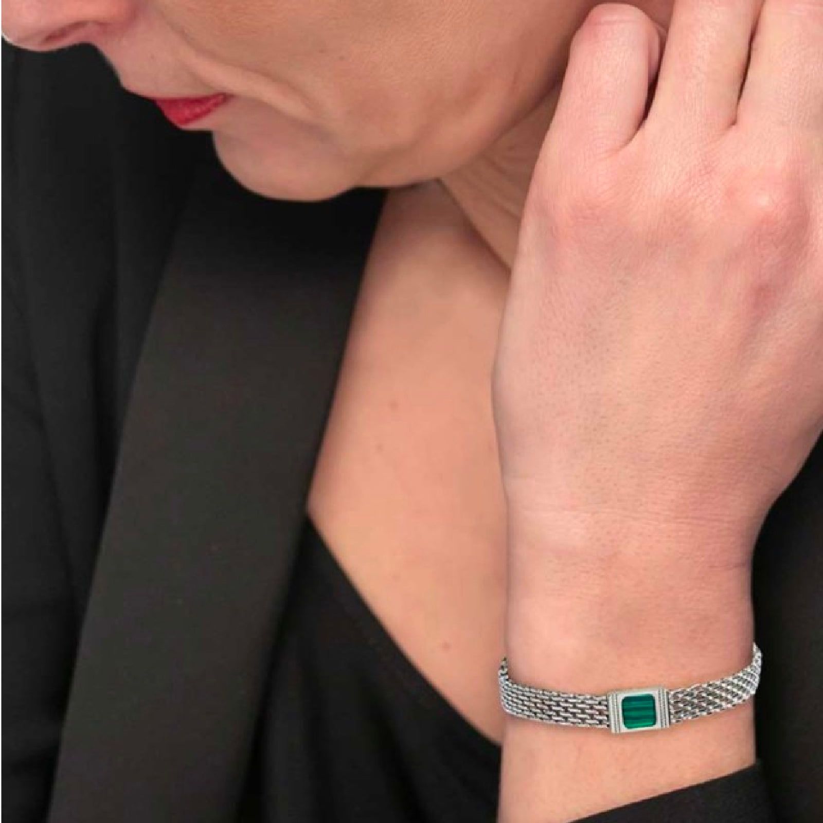 Bracciale maglia mesh in acciaio Marlù Icons da uomo con malachite quadrata 30BR0018-V-3