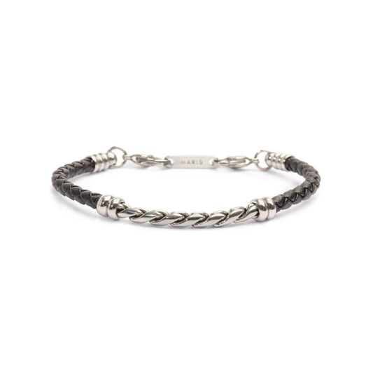 Bracciale Marlù Icons da uomo in pelle nera intrecciata e catena acciaio 30BR0019-N-1
