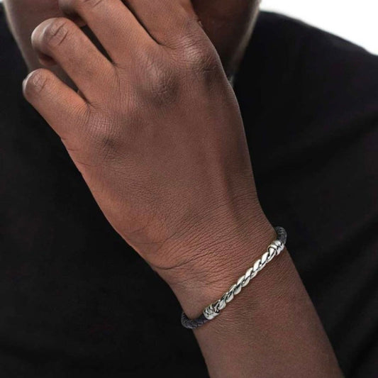 Bracciale Marlù Icons da uomo in pelle nera intrecciata e catena acciaio 30BR0019-N-2