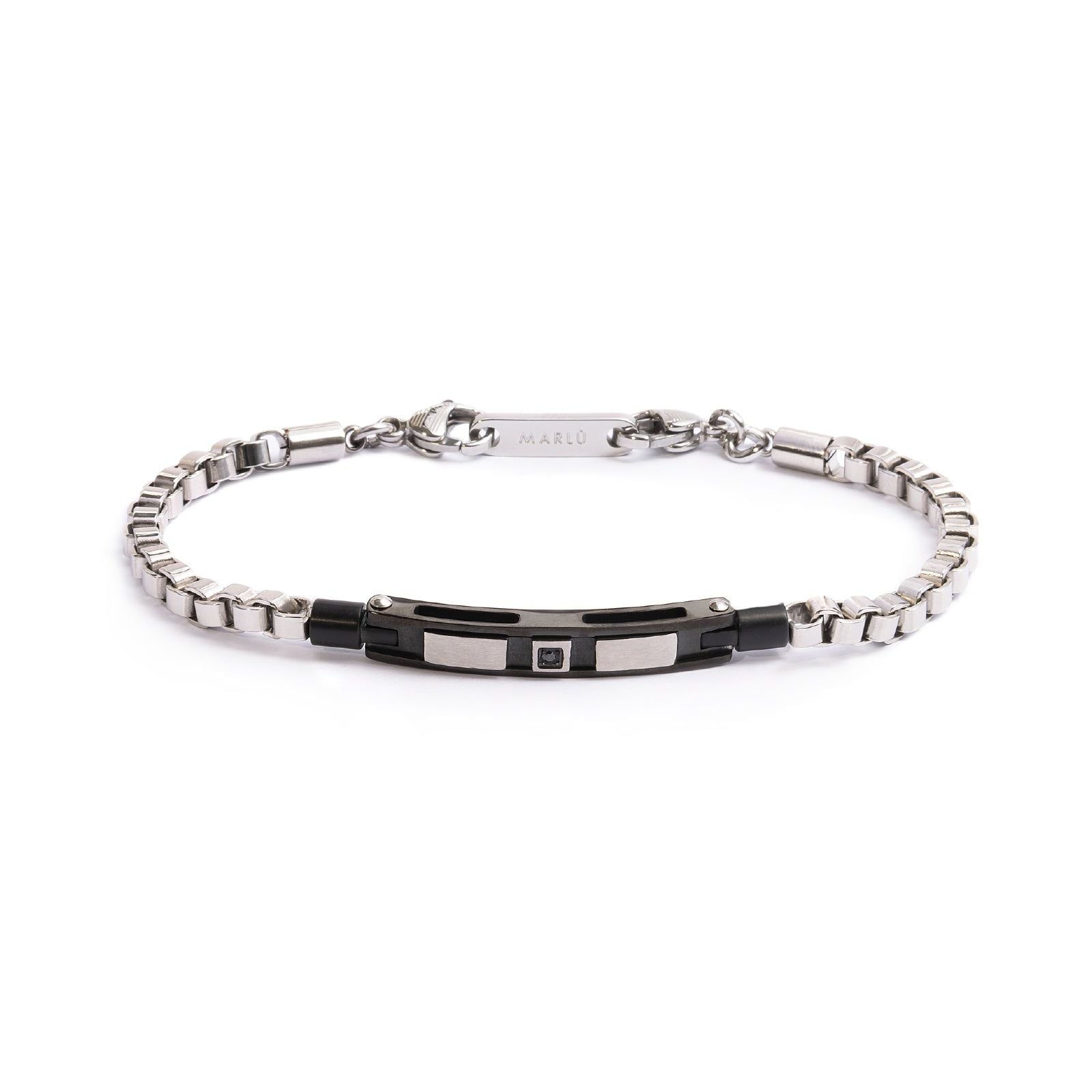 Bracciale catena da uomo Marlù Icons in acciaio e targa in pvd nero con zircone nero 30BR0022N-1