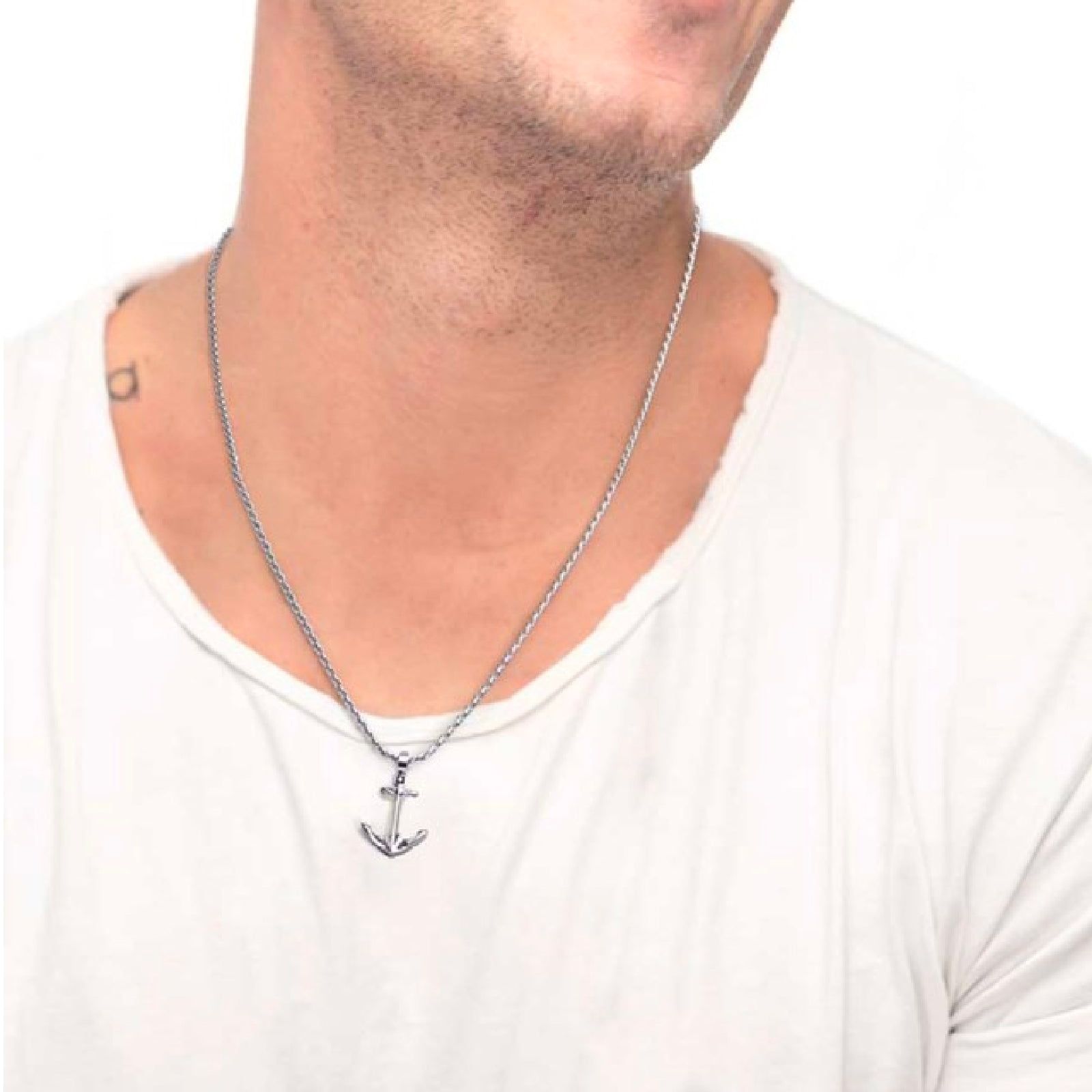 Collana maglia intrecciata Marlù Icons da uomo con ancora e cristallo nero 30CN0007-N-3