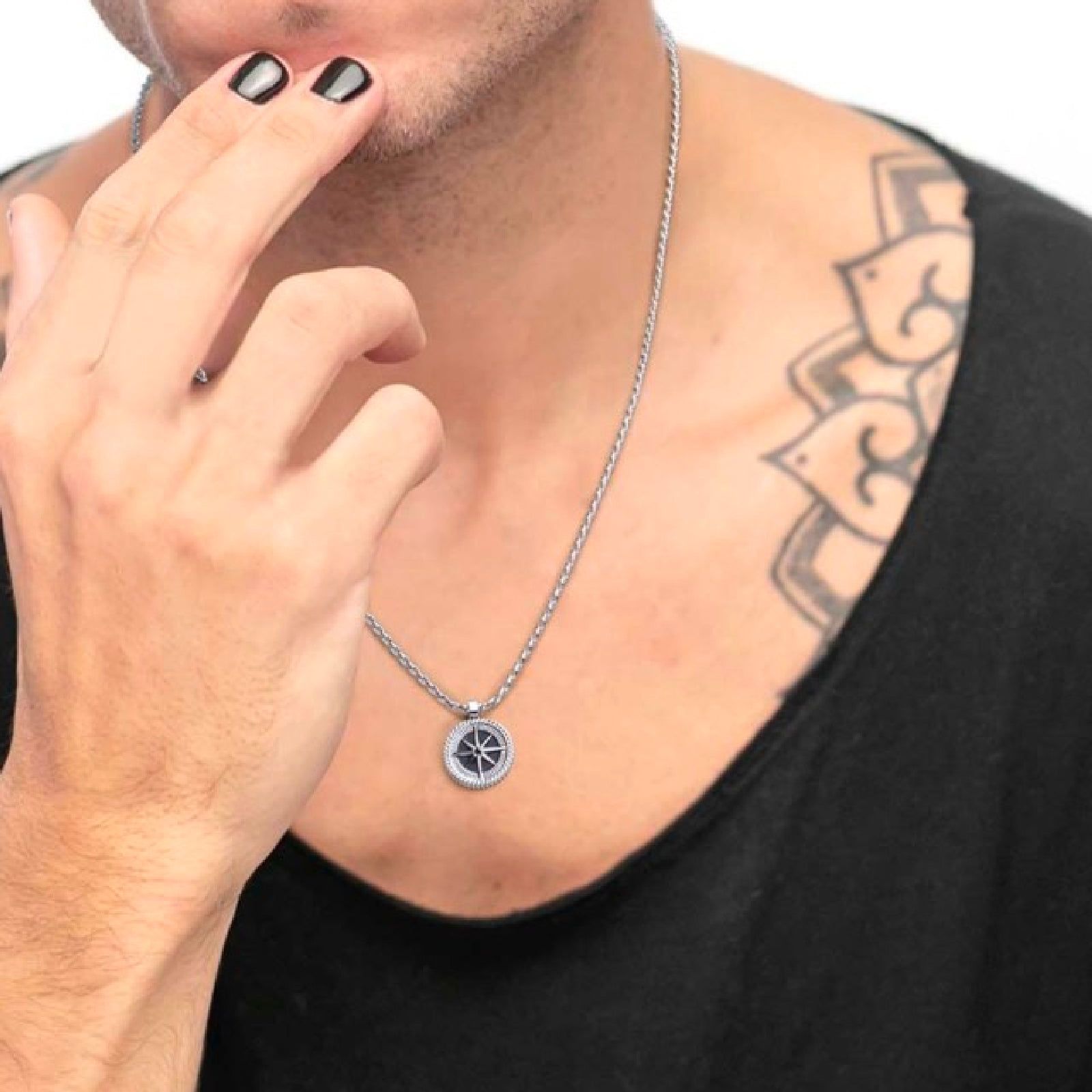 Collana maglia intrecciata Marlù Icons uomo con rosa dei venti, incisione e cristallo 30CN0008-N-3