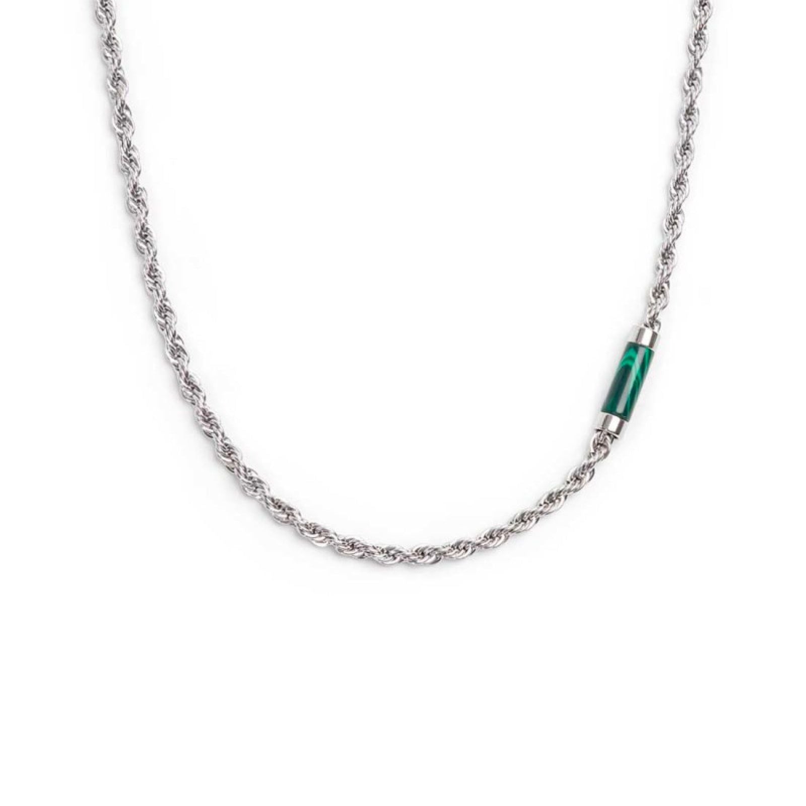 Collana maglia corda in acciaio Marlù Icons uomo con pietra di malachite cilindrica 30CN0009-V-1