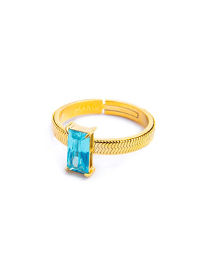 Anello maglia snake da donna della collezione Marlù Sparkles in acciaio 316L dorato con zircone azzurro taglio baguette 31AN0003GAM