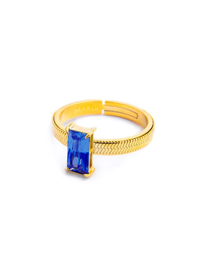 Anello maglia snake da donna della collezione Marlù Sparkles in acciaio 316L dorato con zircone blu taglio baguette 31AN0003GB