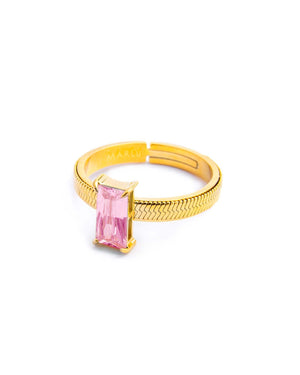 Anello maglia snake da donna della collezione Marlù Sparkles in acciaio 316L dorato con zircone rosa taglio baguette 31AN0003GLF