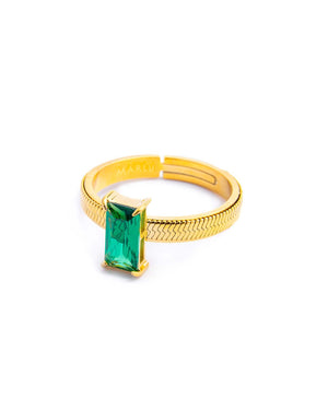 Anello maglia snake da donna della collezione Marlù Sparkles in acciaio 316L dorato con zircone verde taglio baguette 31AN0003GS