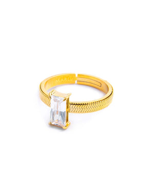 Anello maglia snake da donna della collezione Marlù Sparkles in acciaio 316L dorato con zircone bianco taglio baguette 31AN0003GW