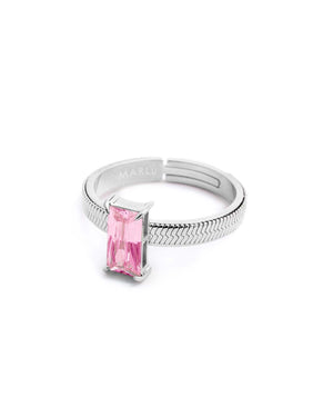 Anello maglia snake da donna della collezione Marlù Sparkles in acciaio 316L con zircone rosa taglio baguette 31AN0003LF