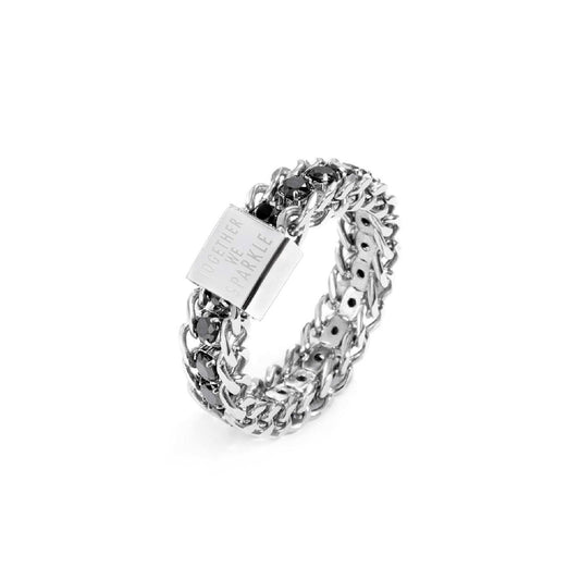 Anello triplo filo unisex Marlù Sparkles in acciaio con scritta e zirconi neri 31AN0005N-1