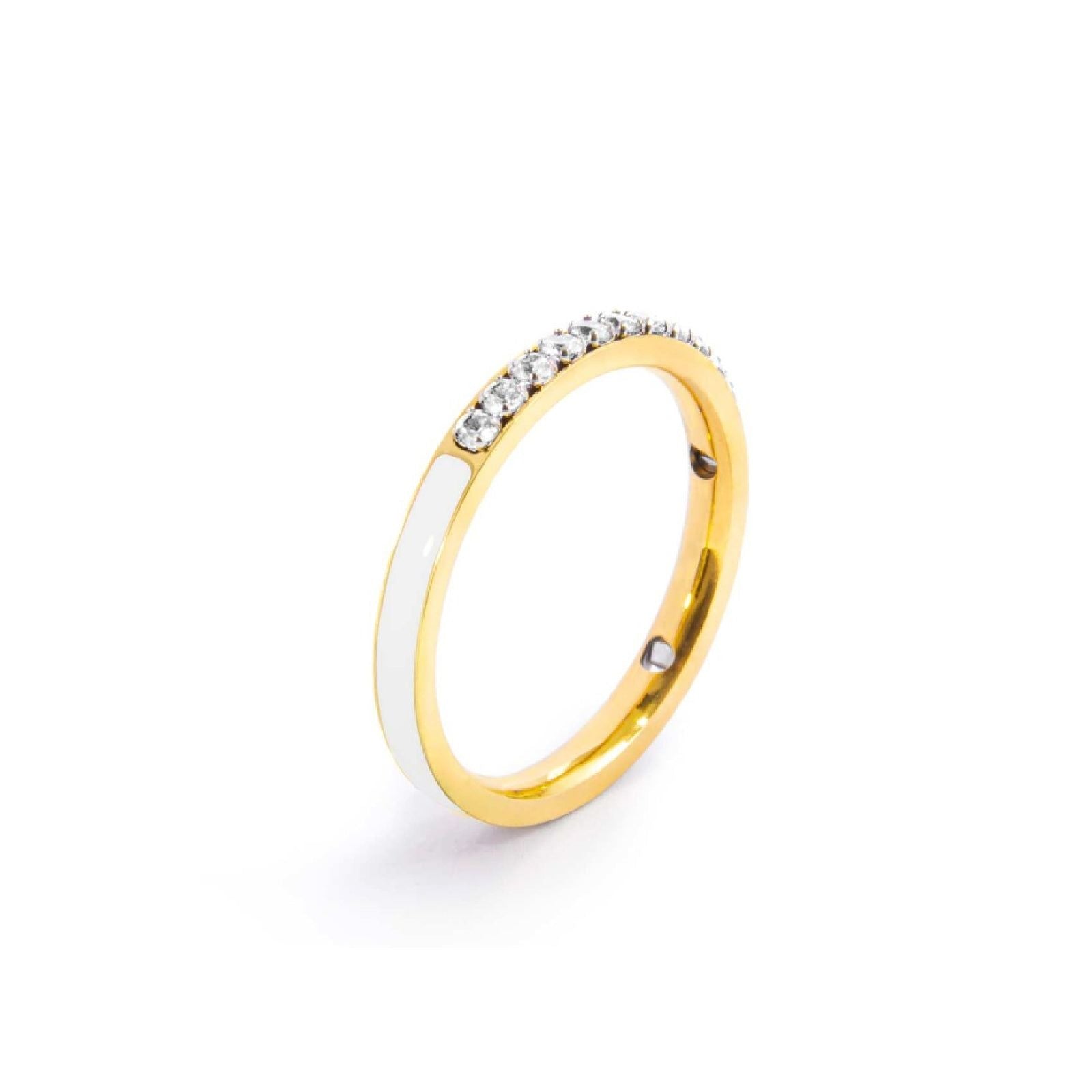Anello veretta Marlù Sparkles donna acciaio dorato con zirconi e smalto bianco 31AN0007GW-1