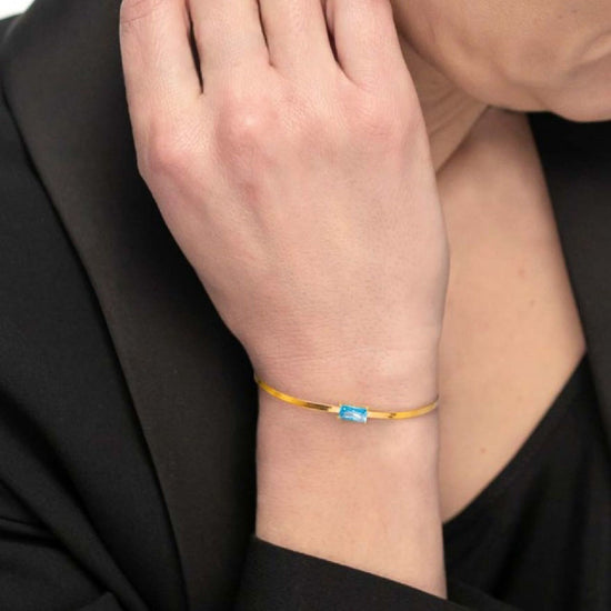 Bracciale maglia snake donna Marlù Sparkles in acciaio dorato con zircone azzurro 31BR0010G-AM-2
