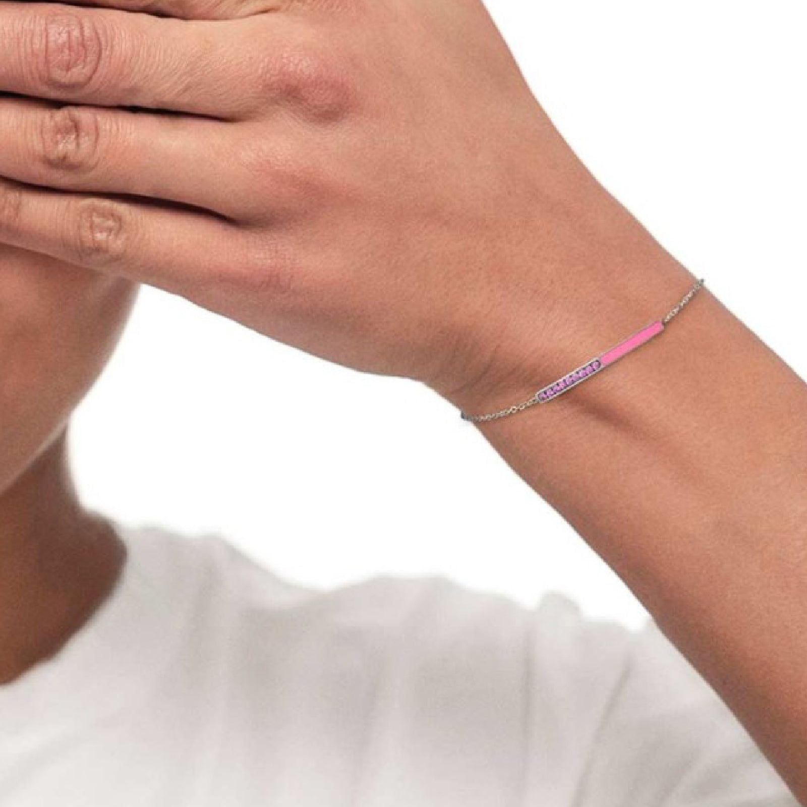 Bracciale catena Marlù Sparkles donna acciaio con zirconi e smalto rosa 31BR0011-LF-3