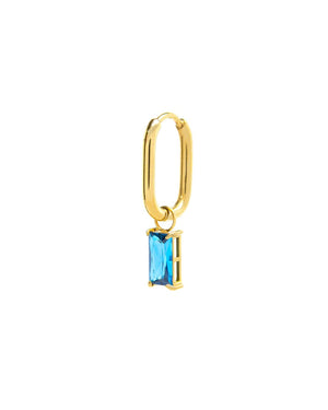 Orecchino singolo ovale da donna della collezione Marlù Sparkles in acciaio 316L dorato e zircone azzurro pendente taglio baguette 31OR0011G-AM