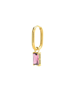 Orecchino singolo ovale da donna della collezione Marlù Sparkles in acciaio 316L dorato e zircone rosa pendente taglio baguette 31OR0011G-LF