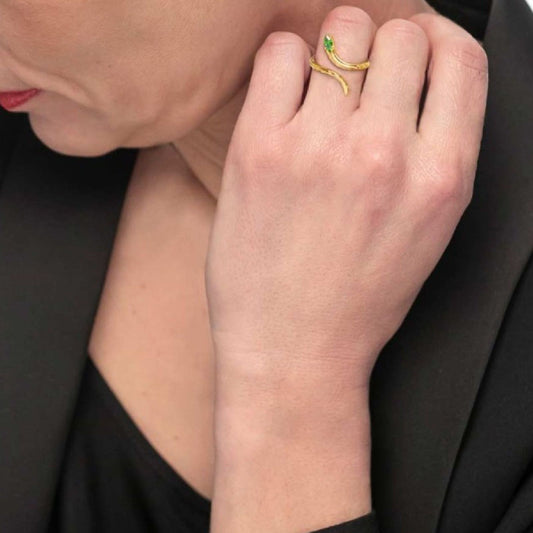 Anello a serpente da donna Marlù Vision in acciaio dorato con zircone verde 33AN0018GV-2