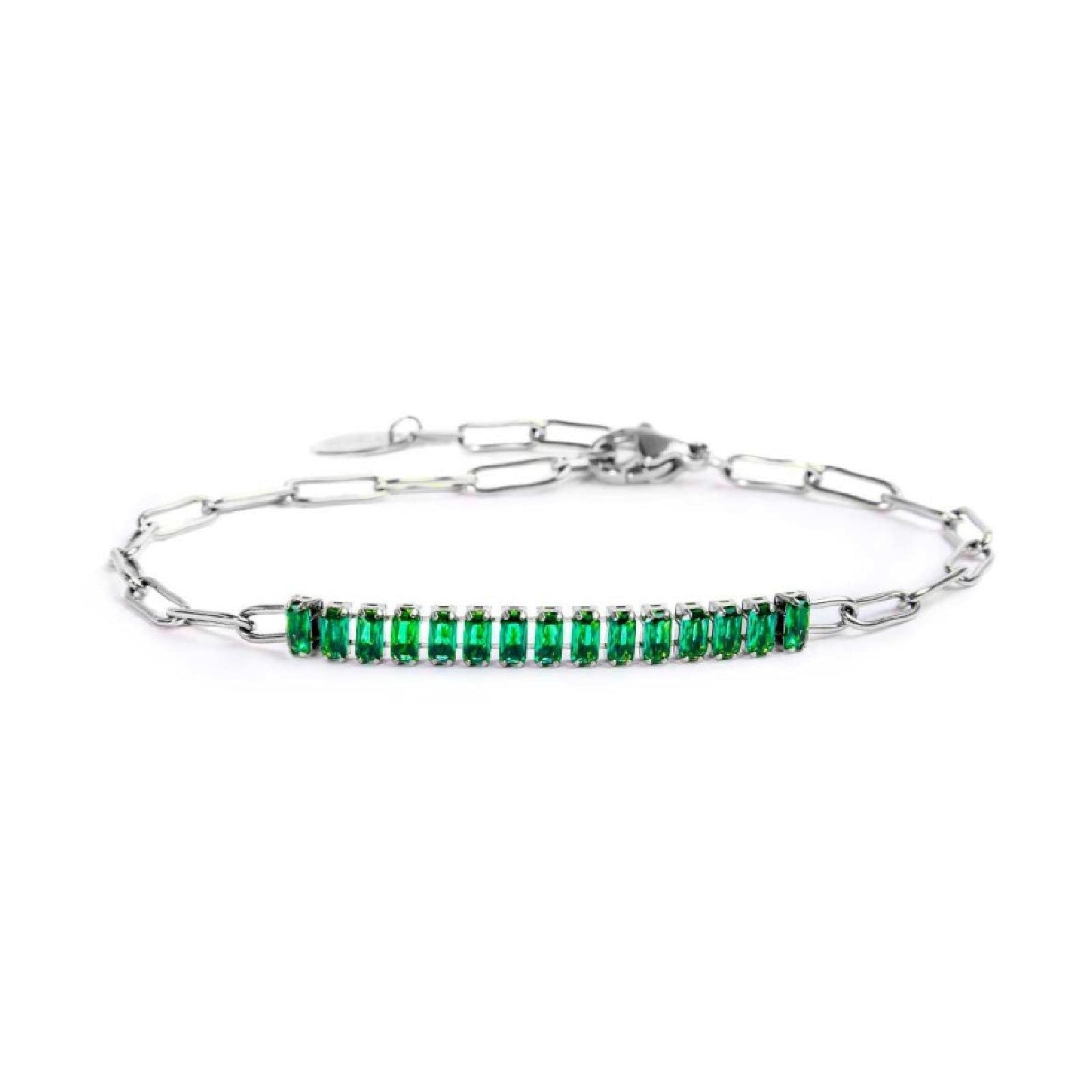 Bracciale catena da donna Marlù Vision in acciaio con catena a maglia larga e cristalli verdi 33BR0023-V-1