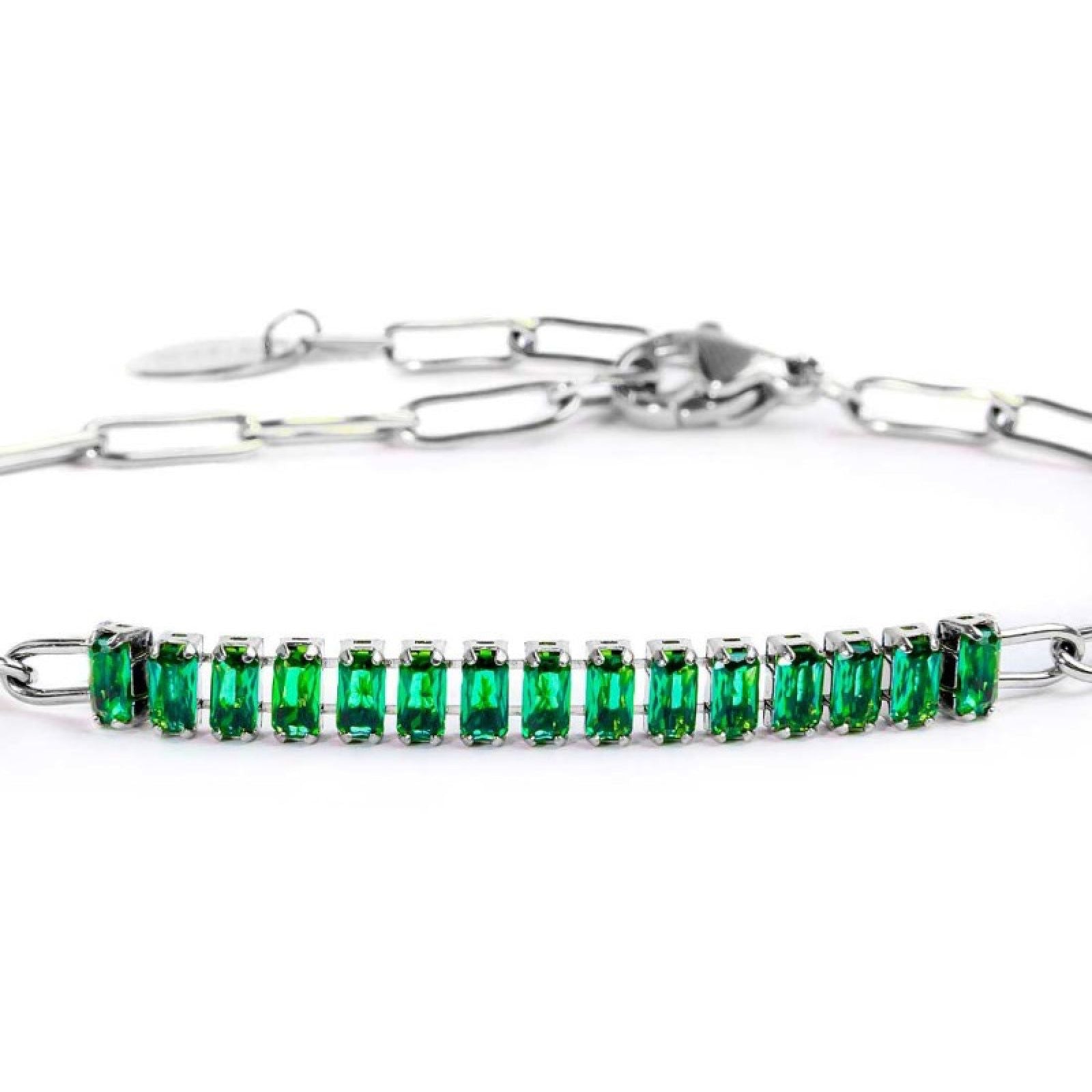 Bracciale catena da donna Marlù Vision in acciaio con catena a maglia larga e cristalli verdi 33BR0023-V-2