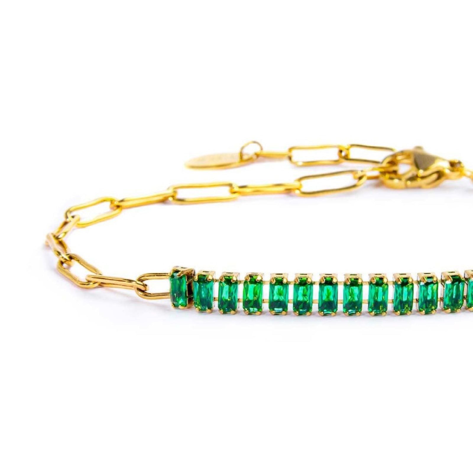Bracciale catena da donna Marlù Vision in acciaio dorato con catena a maglia larga e cristalli verdi 33BR0023G-V-2