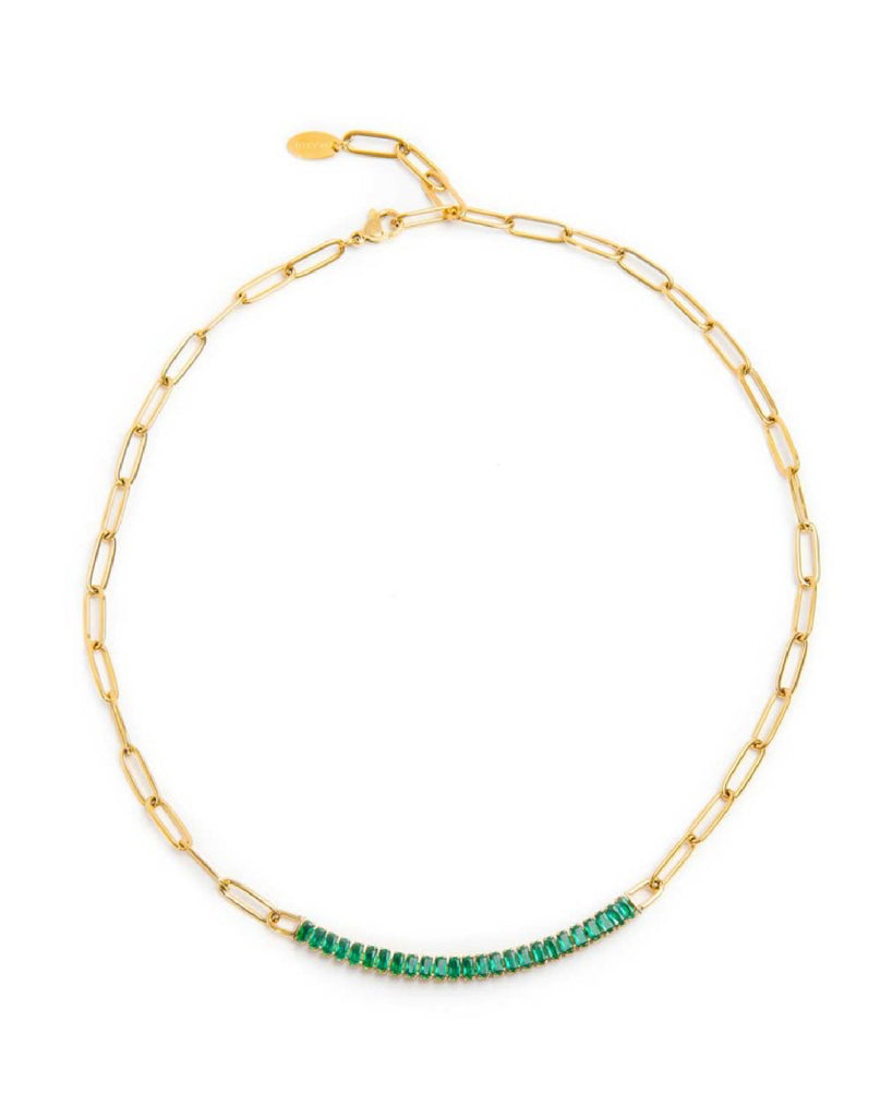 Collana catena da donna della collezione Marlù Vision in acciaio inossidabile 316L dorato con tennis centrale di cristalli verdi taglio baguette 33CN0014G-V