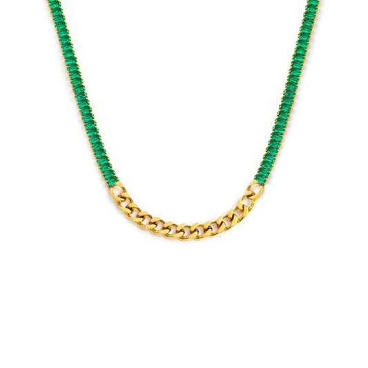 Collana catena da donna Marlù Vision in acciaio dorato con cristalli verdi laterali 33CN0015G-V-1