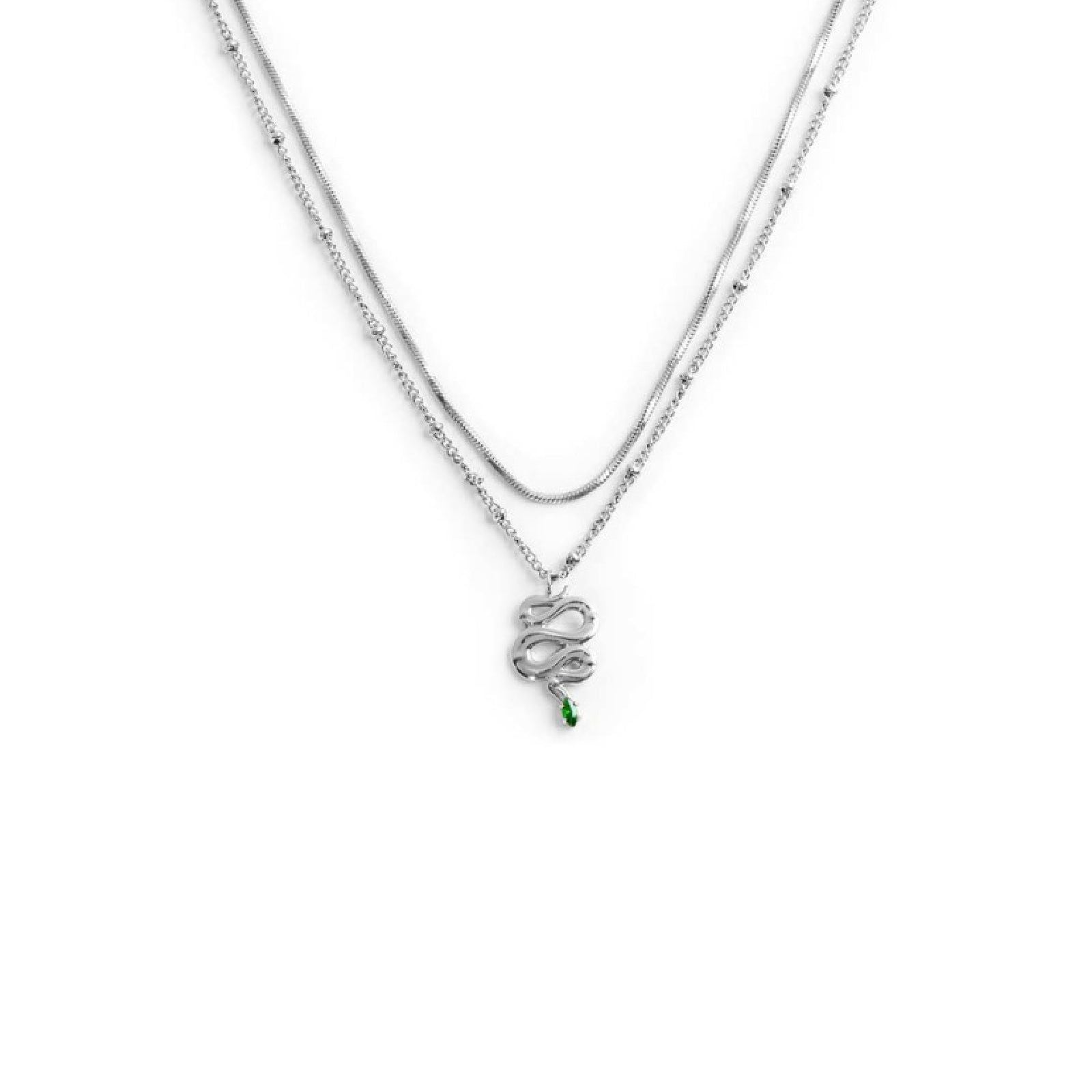 Collana doppia catena da donna Marlù Vision in acciaio con serpente pendente e zircone verde 33CN0019-V-1