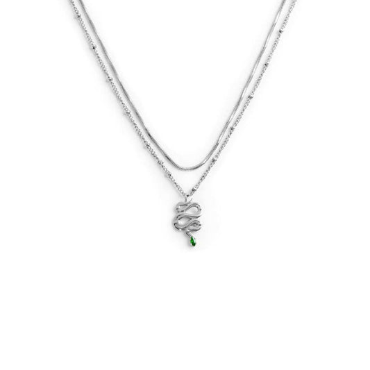 Collana doppia catena da donna Marlù Vision in acciaio con serpente pendente e zircone verde 33CN0019-V-1