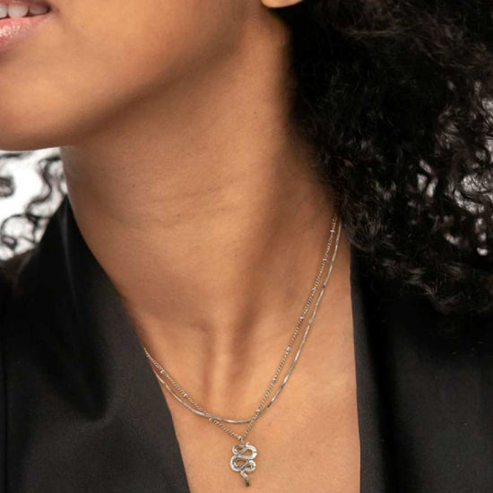 Collana doppia catena da donna Marlù Vision in acciaio con serpente pendente e zircone verde 33CN0019-V-3