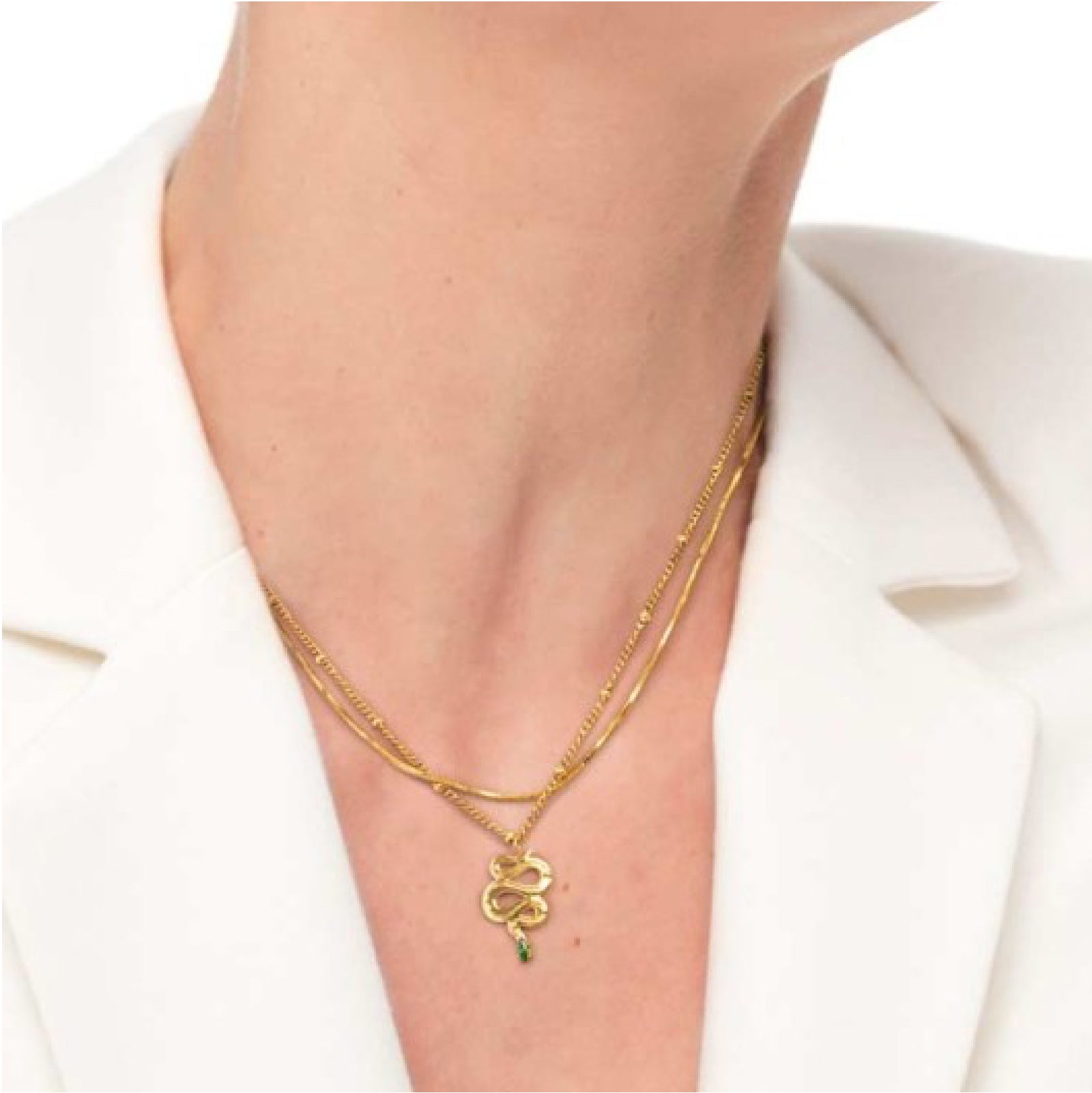 Collana doppia catena da donna Marlù Vision in acciaio dorato con serpente pendente e zircone verde 33CN0019G-V