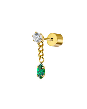 Mono orecchino catena grumetta da donna della collezione Marlù Vision in acciaio inossidabile 316L dorato con zircone verde 33OR0037G-V