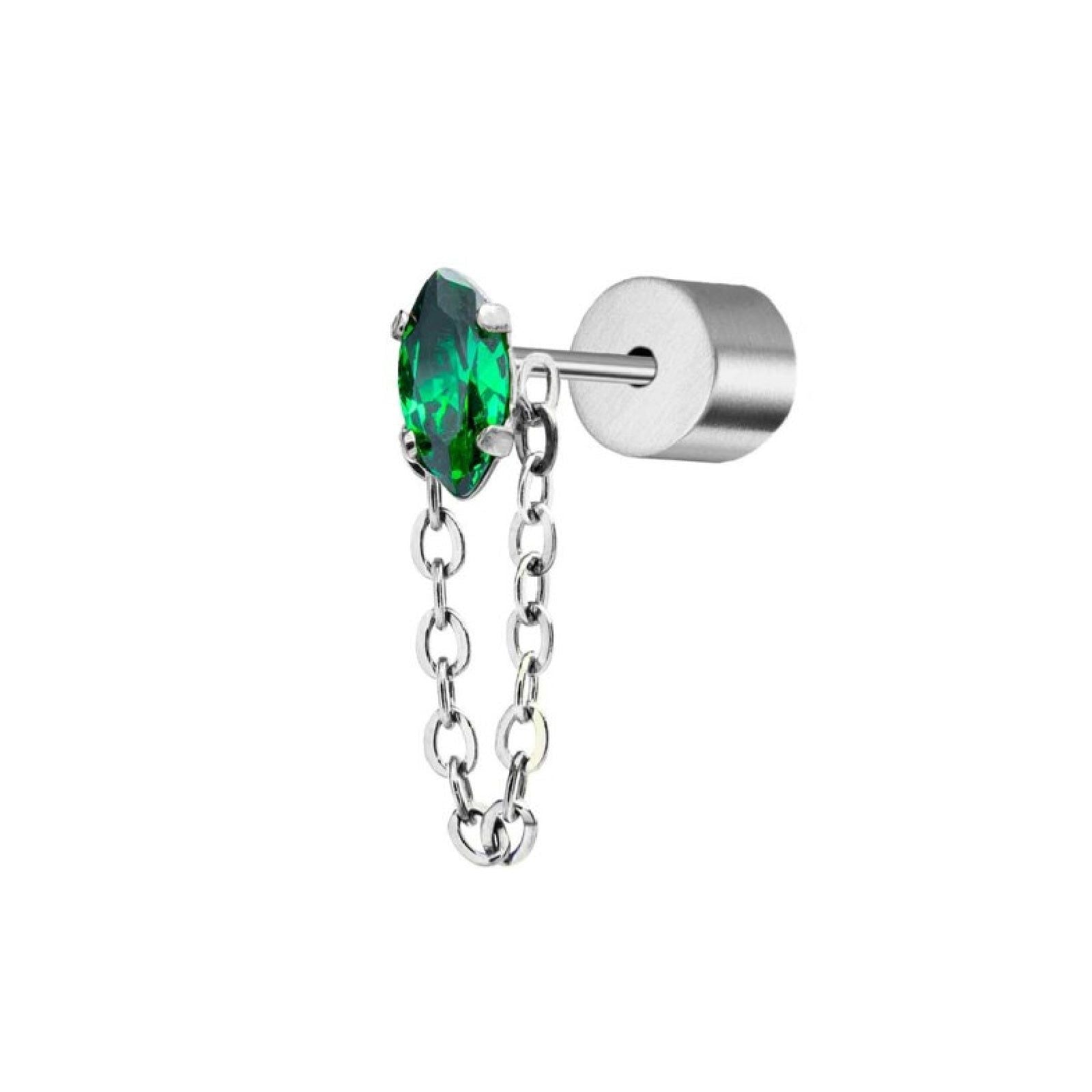 Mono orecchino da donna Marlù Vision in acciaio con zircone verde e catena pendente 33OR0038-V-1