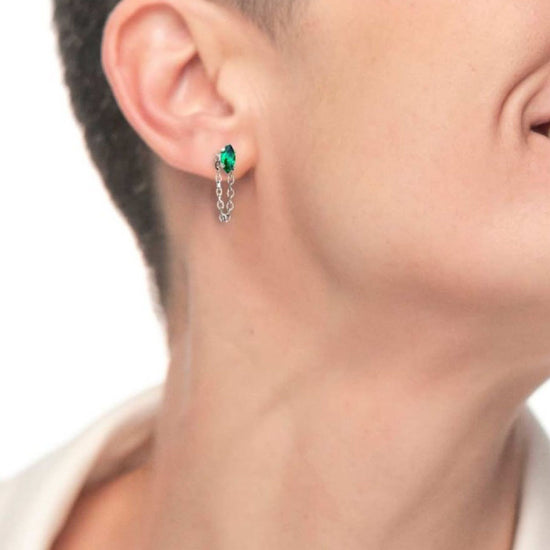 Mono orecchino da donna Marlù Vision in acciaio con zircone verde e catena pendente 33OR0038-V-2