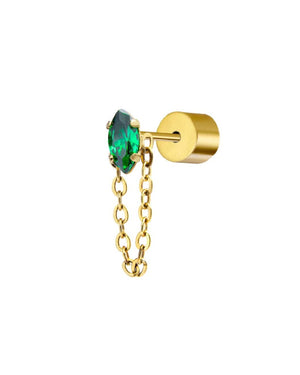 Mono orecchino da donna della collezione Marlù Vision in acciaio inossidabile 316L dorato con zircone verde e catena cross pendente 33OR0038G-V