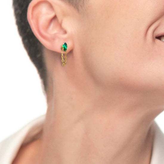 Mono orecchino da donna Marlù Vision in acciaio dorato con zircone verde e catena pendente 33OR0038G-V-2