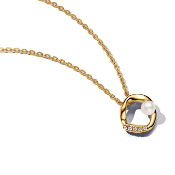 Collana Cerchio Linea Sinuosa con Perla d'Acqua Dolce Coltivata e Pavè dorata 363303C01-45-1