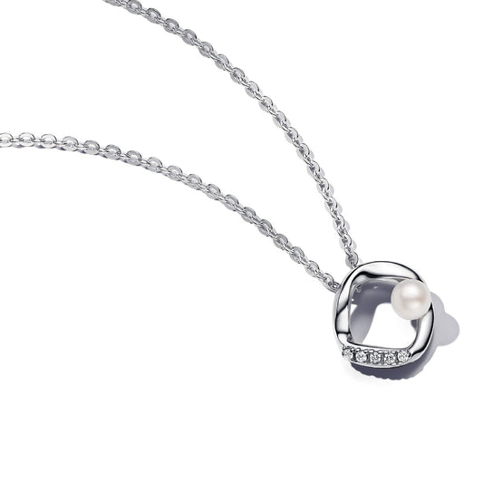 Collana Cerchio Linea Sinuosa con Perla d'Acqua Dolce Coltivata e Pavè 393303C01-45-1
