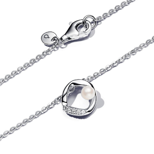Collana Cerchio Linea Sinuosa con Perla d'Acqua Dolce Coltivata e Pavè 393303C01-45-2
