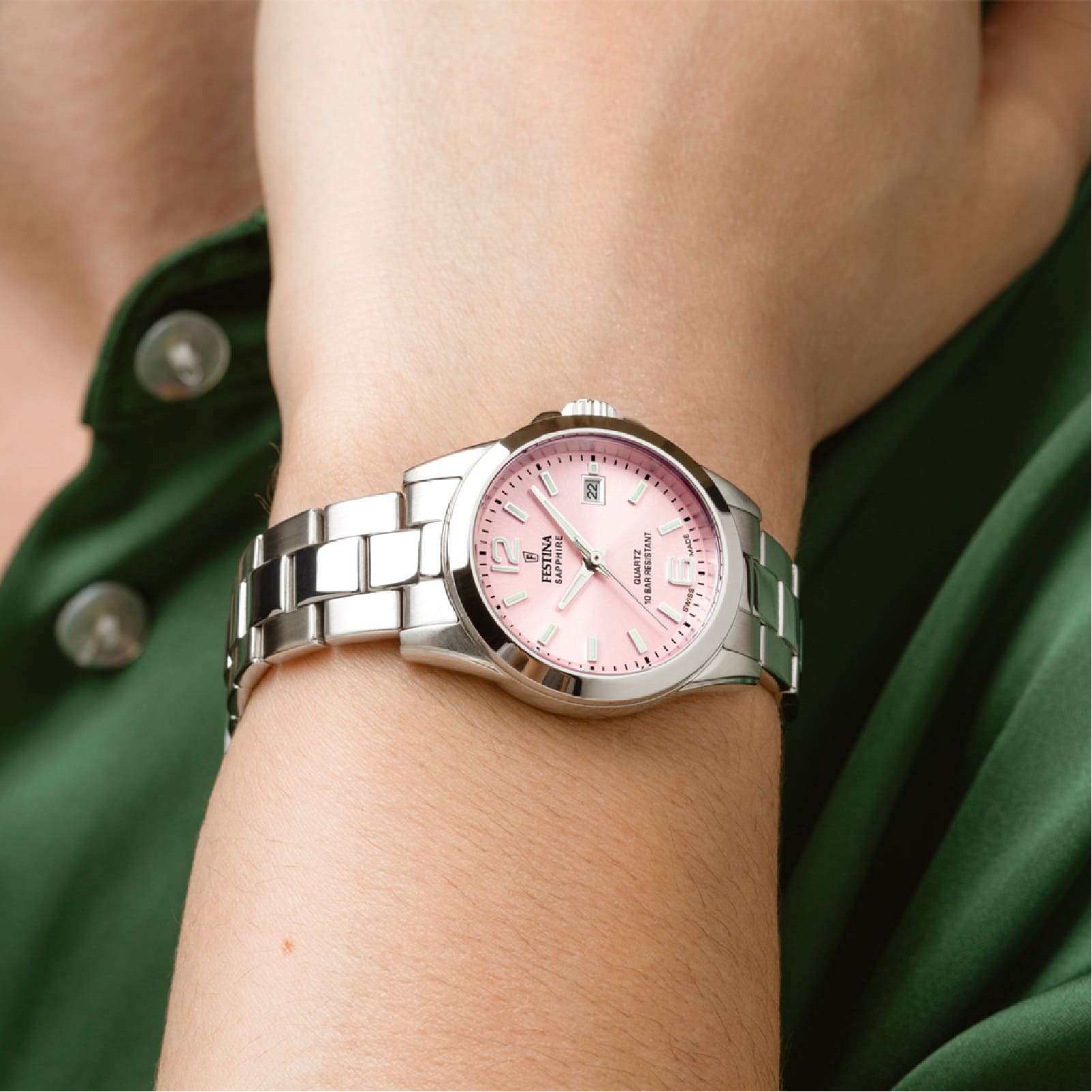 Orologio Festina in acciaio con quadrante rosa e datario MISURA UNICA