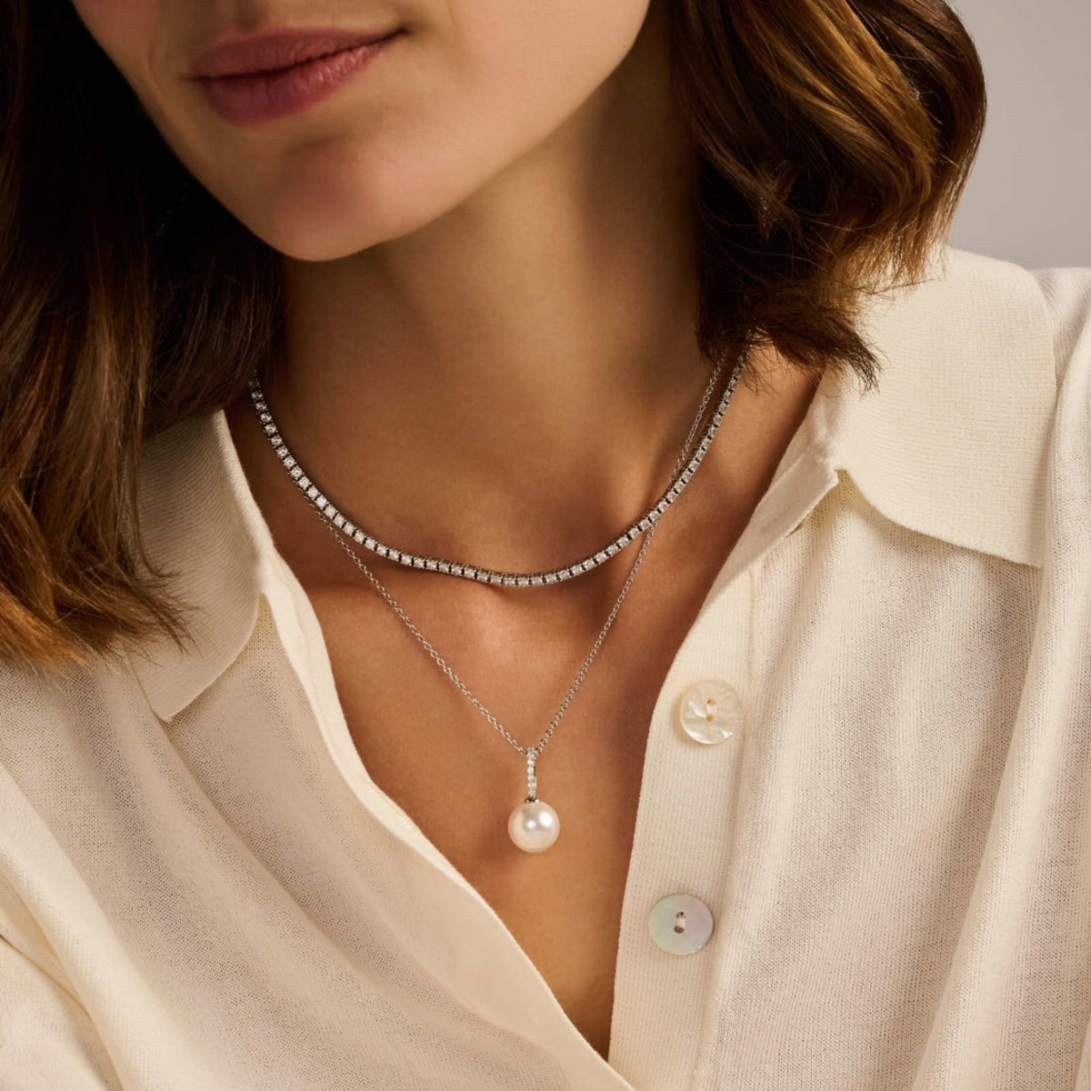 Collana pendente Ti Sento in argento zirconi e perla 12mm MISURA UNICA